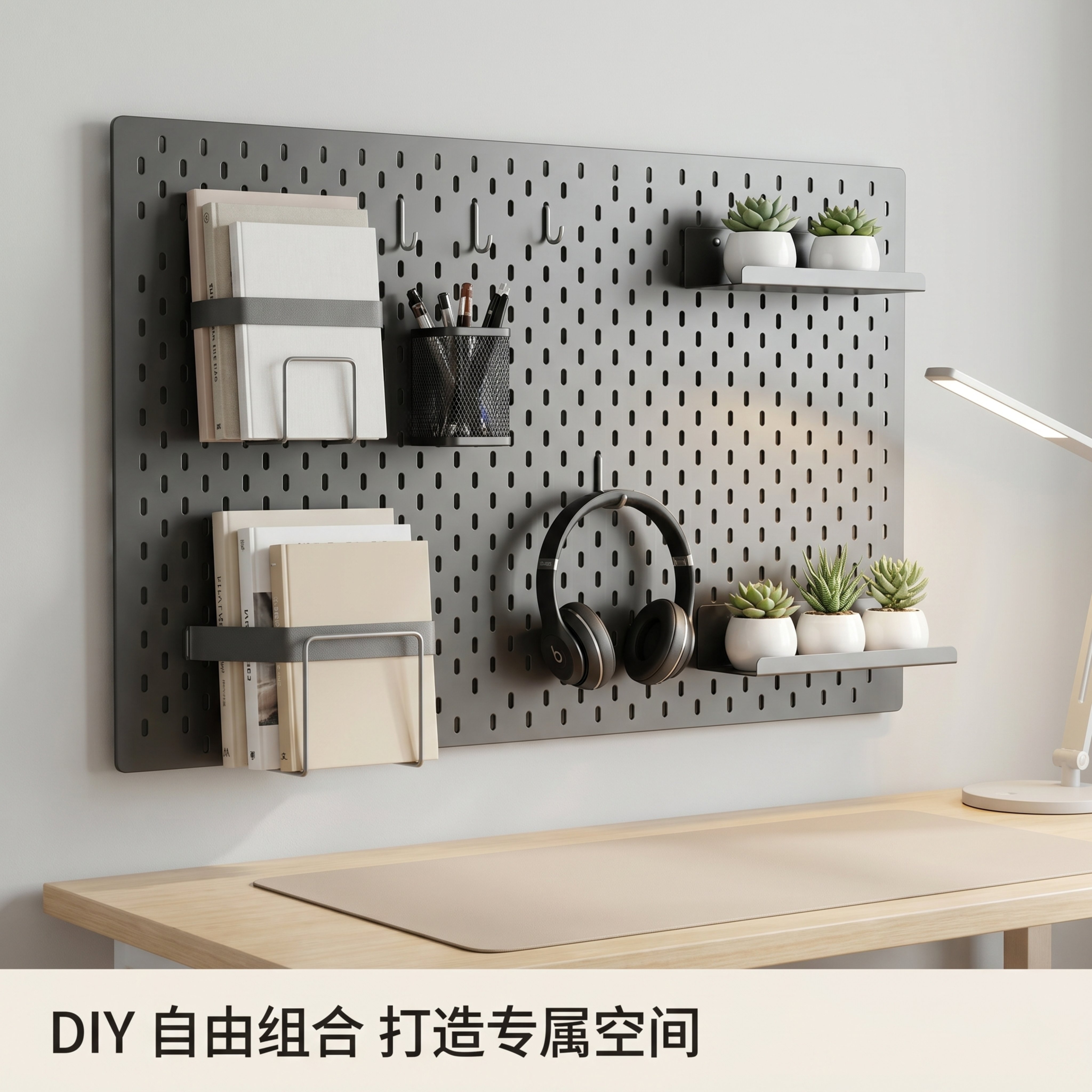 [主图-3] 使用场景图，展示洞洞板在书房的应用，挂着书籍、文… - 图片创意预览
