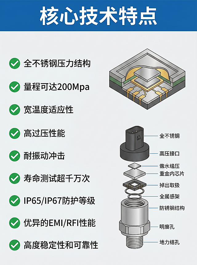 电商详情页核心卖点展示图，KM41压力传感器主要技术特点。顶部蓝色标题栏写白色大字"核心技术特点"。页面分左右两栏，左侧文字，右侧产品结构图。左侧列出9大核心卖点，每行一个带绿色对勾图标：全不锈钢压力结构、量程可达200Mpa、宽温度适应性、高过压性能、耐振动冲击、寿命测试超千万次、IP65/IP67防护等级、优异的EMI/RFI性能、高度稳定性和可靠性。右侧展示传感器芯片剖面图和结构分层示意图，和原样本一致，标注清晰。背景浅灰色，整体排版整齐，专业清晰，文字可辨。比例3:4，4K超高清。负向提示词：文字错乱，图标错位，结构变形，模糊，重影