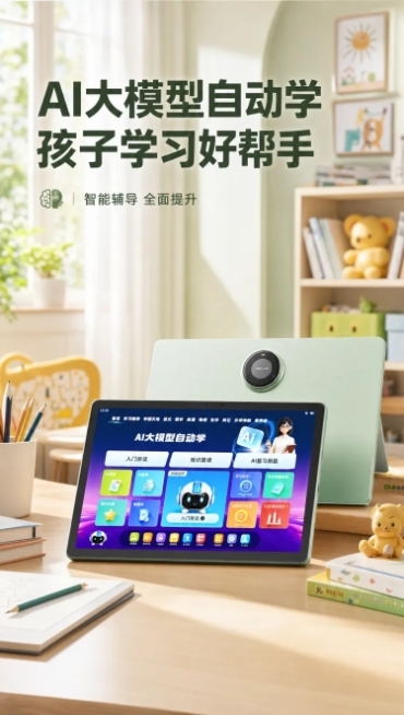 儿童AI学习平板电商详情页首屏场景图，产品放在简约温馨的儿童书桌上，背景是干净明亮的儿童房间，主体突出，高清质感，适配电商详情首屏构图，文案："AI大模型自动学 孩子学习好帮手" "智能辅导 全面提升预览效果