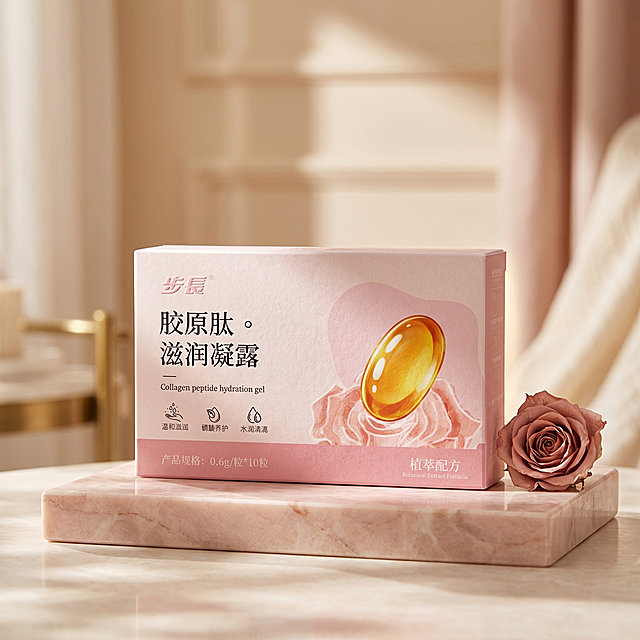 商业级产品大片，呈现高级氛围感的极简美学风格，电影级质感。
主体：步长胶原肽滋润凝露包装盒严格参照上传产品图，完整保留所有可见组件、轮廓、结构、比例、材质、颜色与产品本体上的文字信息（logo/型号/规格/参数等），与上传图完全一致；包装盒有质感，步长品牌标识凸出效果，自然融入场景光影，与场景共处同一物理空间，清除产品本体之外的多余营销信息。
风格：高级氛围感极简美学，商业大片，电影级质感。
场景：法式奶油，奶咖角落，轻奢优雅氛围。
承载：①浅粉色大理石展台，干净精致，哑光质感。②包装盒旁放置一朵干枯粉玫瑰作为点缀。
动态：阳光焦散光斑洒落，柔和自然。
配色/材质：浅粉/米白/干枯玫瑰粉；大理石质感，包装纸纹理。
光影：主光从产品斜前45°照射，香槟侧逆光，治愈漫射光，凸显包装盒高级质感，柔和阴影。
严格锁定宽高比为 1:1。