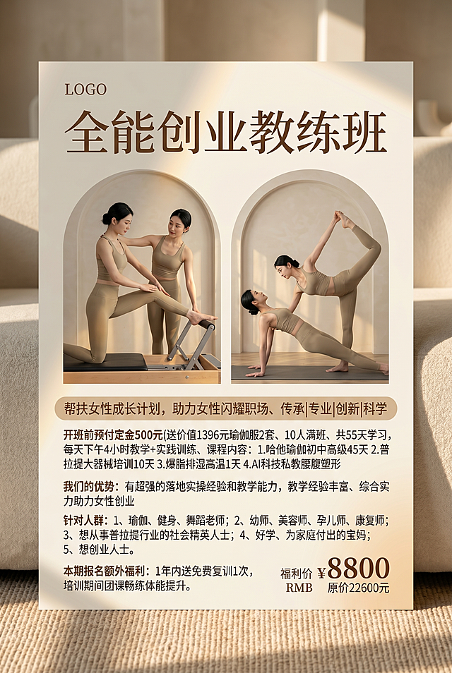 伽全能创业教练班瑜伽招生海报，严格按照用户提供的所有文字信息排版展示。
室内瑜伽培训宣传海报，整体采用柔和卡其色+米白暖棕色调，高级简约ins风。
保留参考图排版骨架：双拱形人物图区域展示课程内容，分板块排版文字信息，暖调侧前方自然光，产品受光面泛起卡其暖棕色、暗部映射米白柔光光晕，与环境物理融合。竖版居中构图，微侧20°视角。
全量换款清单：①主标题：参考图"普拉提大器械培训班" → 生成图"全能创业教练班"；②顶部品牌标识：参考图"欢喜瑜伽" → 生成图保留空白顶部；③人物动作：参考图普拉提器械动作 → 生成图换成瑜伽体式和普拉提大器械训练动作，保留两位女性教练互动，中国女性，东亚面孔，黑发棕眼，自然清透妆感，换卡其色系高级简约风格瑜伽服款式；④价格区域：参考图早鸟价3980 → 生成图福利价8800 RMB 原价22600元，价格字体大小对比保留。
完整展示所有文字内容：帮扶女性成长计划，助力女性闪耀职场、传承|专业|创新|科学、开班前预付定金500元(送价值1396元瑜伽服2套、10人满班、共55天学习，每天下午4小时教学+实践训练、课程内容：1.哈他瑜伽初中高级45天2.普拉提大器械培训10天 3.爆脂排湿高温1天 4.AI科技私教腰腹塑形、我们的优势：有超强的落地实操经验和教学能力，教学经验丰富、综合实力助力女性创业、针对人群：1、瑜伽、健身、舞蹈老师；2、幼师、美容师、孕儿师、康复师；3、想从事普拉提行业的社会精英人士；4、好学、为家庭付出的宝妈；5、想创业人士。本期报名额外福利：1年内送免费复训1次，培训期间团课畅练体能提升。消除参考图原有文字和logo。
4K分辨率，严格锁定宽高比为 2:3。