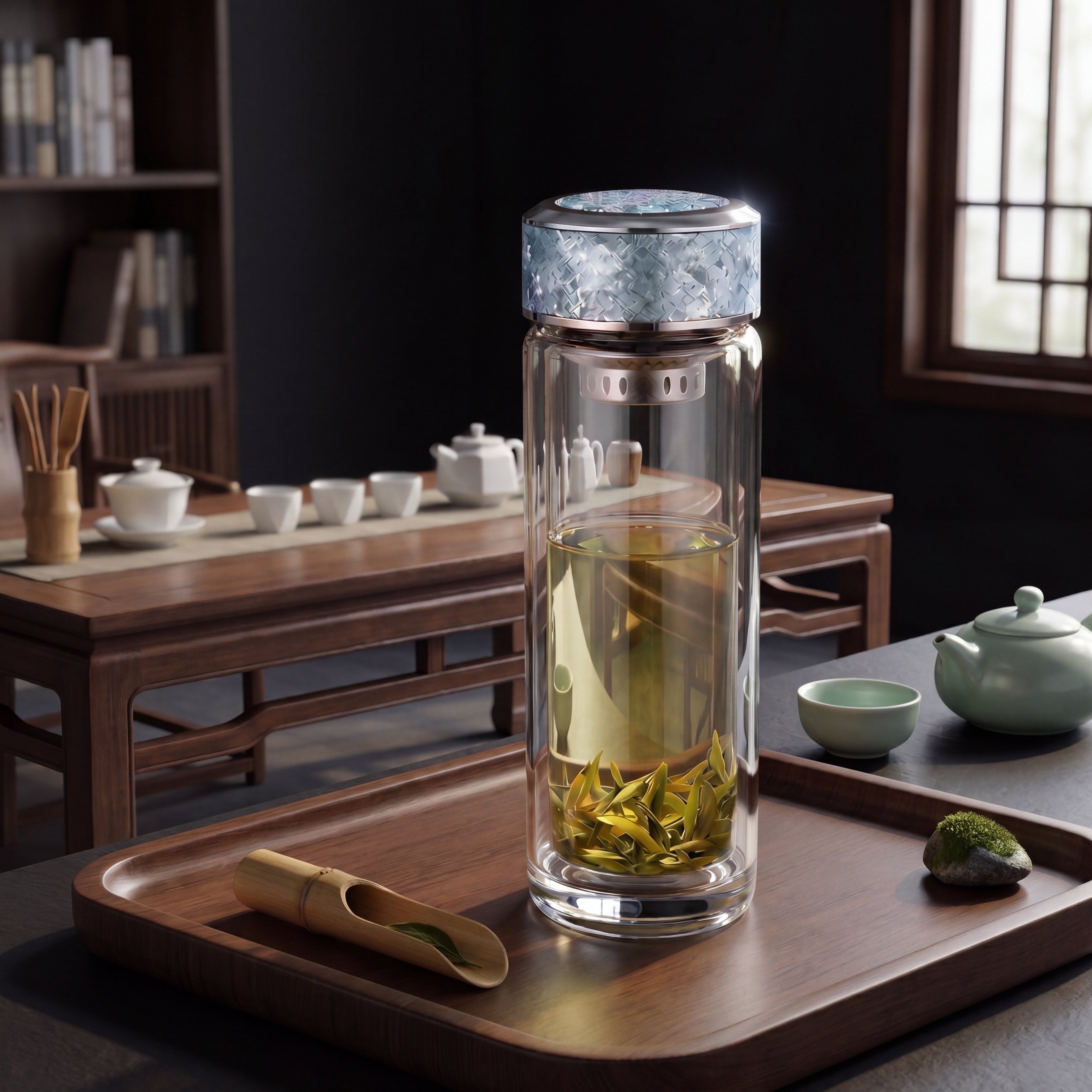 黑色系主题茶室商业摄影, 大师级布光（侧前45°主光 + 环境… - 图片创意预览