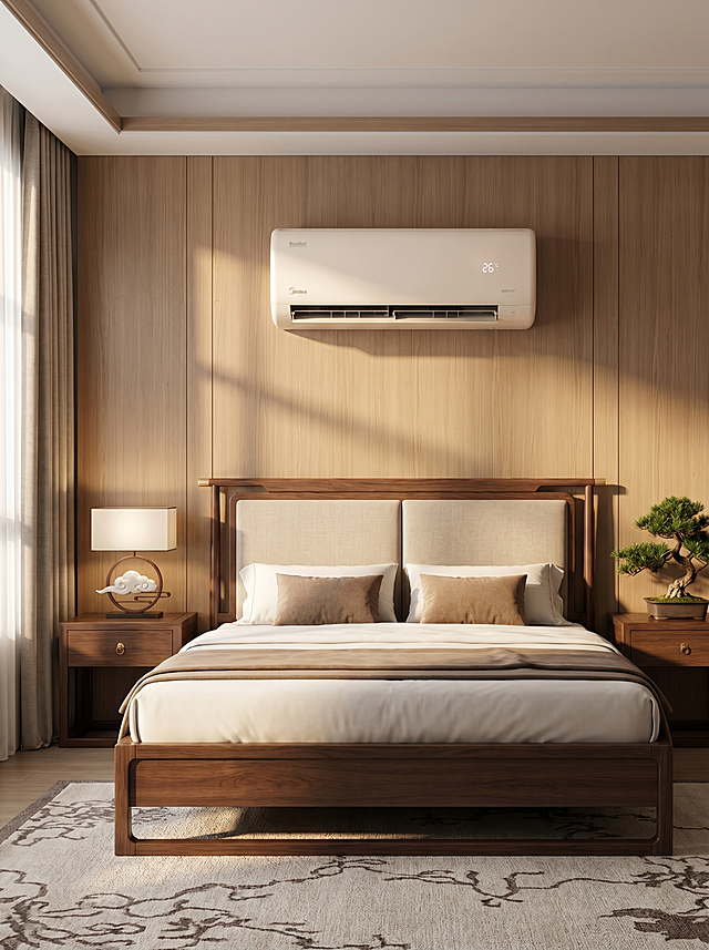 挂墙式空调严格参照上传产品图https://gdesign-dam-hz.dancf.com/36566010108037199/1a70cd0a9e9c47699b1b57867c789c54.png，完整保留所有可见组件、部件、轮廓、结构、比例、材质、颜色与产品本体上的文字信息（logo / 型号 / 规格 / 参数），与上传图完全一致；自然融入场景光影，与场景共处同一物理空间。参考卧室场景图https://gdesign-dam-hz.dancf.com/36566011833601165/b6978a8c72b043408ad13edefb789db3.jpg 进行仿图生成，相似度30%，保留参考图骨架与暖棕氛围，全量替换所有可见元素款式。场景大类：新中式浅胡桃木主卧室墙面。色调：胡桃棕奶白沉稳色调。组合语境：空调挂装在新中式实木床床头上方墙面，搭配新中式家具。光影：主光从左侧飘窗斜入暖光，空调产品受光面泛起胡桃棕暖色，暗部映射奶白色光晕，与环境物理融合。产品位置：空调位于床头上方墙面居中位置，中景构图。动态：自然静态展示。视角：相对参考图偏转30度俯视角。全量换款清单：①床头床架：参考图原木靠背 → 生成新中式实木床头软包靠背；②床头柜：参考图两个原木床头柜 → 生成双侧新中式乌金木床头柜；③灯具：参考图陶瓷台灯 → 生成中式云石木质台灯；④绿植：参考图右侧虎皮兰 → 生成右侧罗汉松盆栽；⑤窗帘：参考图左侧亚麻窗帘 → 生成禅意棉麻窗帘；⑥地面：参考图编织地毯 → 生成羊毛新中式纹样地毯。消除产品本体之外多余文字。4K分辨率，严格锁定宽高比为 3:4。符合国内电商温馨精致的新中式家居审美，氛围沉稳雅致。