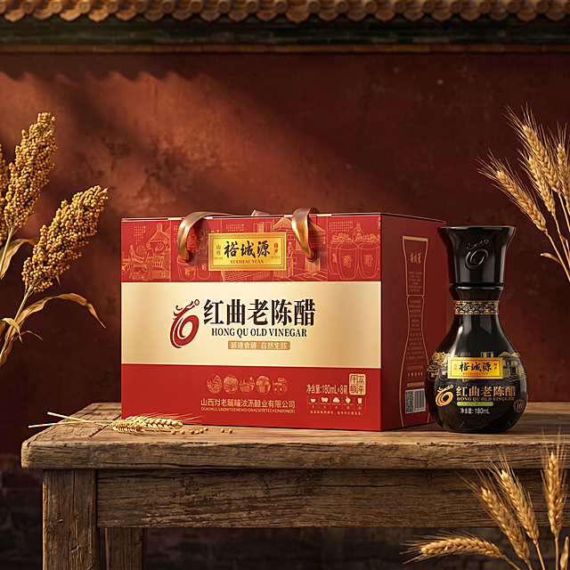 充满文化底蕴的商业摄影，红曲老陈醋礼盒和平装瓶食醋严格参照上传产品图，完整保留所有可见组件、轮廓、结构、比例、材质、颜色与产品本体上的文字信息（logo/型号/规格/参数等），与上传图完全一致。产品整体完整不裁切，为画面第一视觉焦点，背景无其他同类食品包装。
构图：45度俯拍，主体居中。
风格：新中式复古，商业摄影。
场景：红曲老陈醋礼盒平放在做旧原木桌上，背景是斑驳深红色古墙，深邃宫廷庭院光影，旁边散落着高粱和麦穗，一束柔和暖光打在礼盒上，突出烫金标签，大气磅礴，适合送礼。
材质配色：旧木棕色/深红色/高粱金色/黑色；做旧原木/红墙肌理/天然谷物。
光影：主光从斜前方45°打来，暖调聚光氛围，照亮礼盒核心展示面，烫金标签有细腻哑光反光，整体氛围偏暖调。
参数：4K写实。严格锁定宽高比为 1:1。