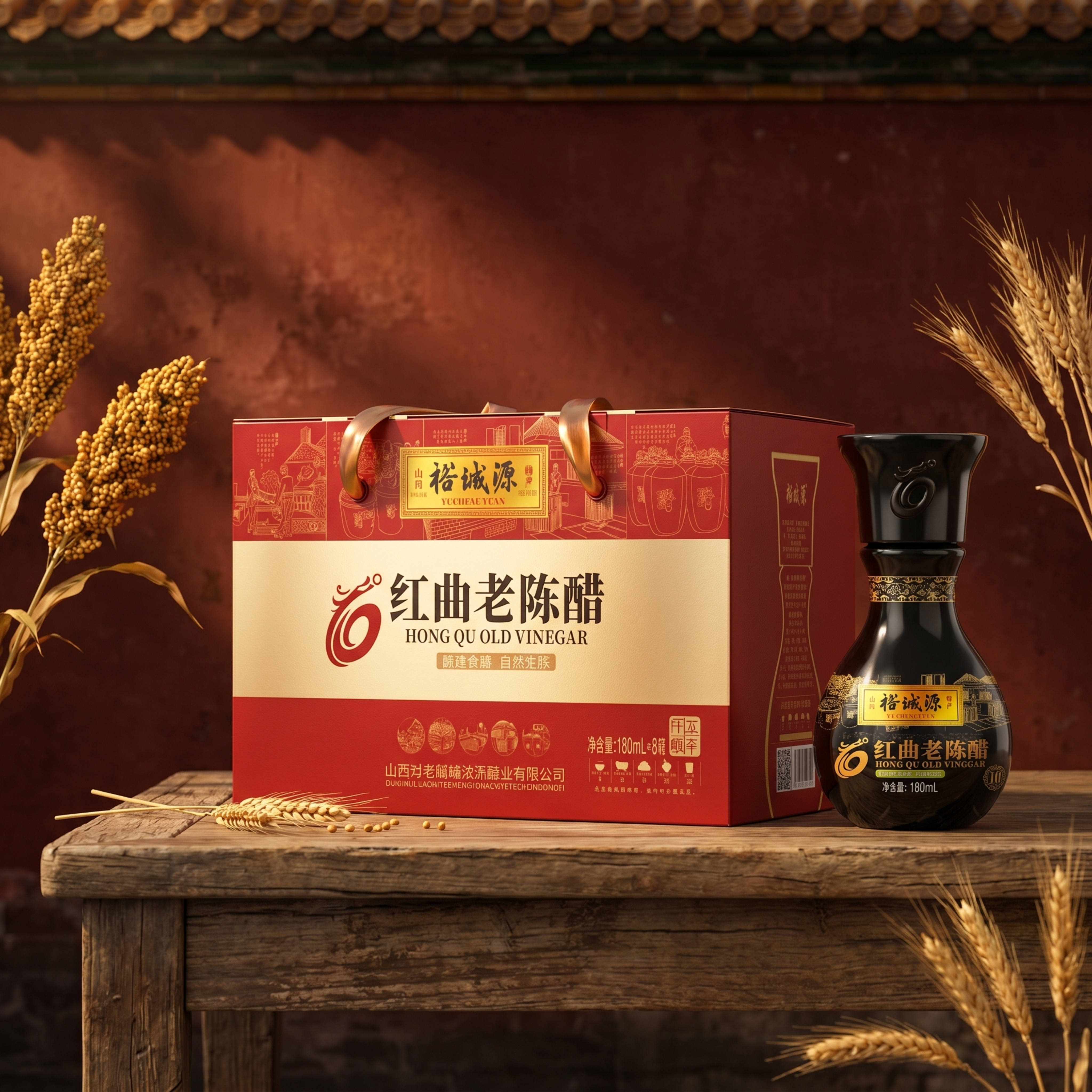 充满文化底蕴的商业摄影，红曲老陈醋礼盒和平装瓶食醋严格参照上传… - 图片创意预览