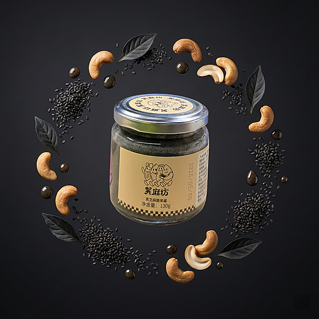高级食品概念创意摄影，正方形构图。
主体：黑芝麻腰果酱玻璃罐子悬浮在画面中心偏下，完整保留瓶身品牌、品名和净含量文字，标签细节清晰。瓶身周围环绕一圈食材环，由黑芝麻、腰果、酱料小滴组成。
食材环细节：散布黑芝麻粒、完整和半开腰果、酱料珠滴和黑色芝麻叶装饰，所有食材都处于失重飘浮状态。
背景：纯净深灰色带细微纹理，无桌面和地面。
光影：顶部柔光加底部补光，玻璃瓶通透立体，食材有柔和悬浮阴影，层次清晰。
配色：以黑色、深灰和暖棕为主，对比柔和，结合科技感与自然食材质感，高级食品创意海报。
严格锁定宽高比为 1:1，4K高清。