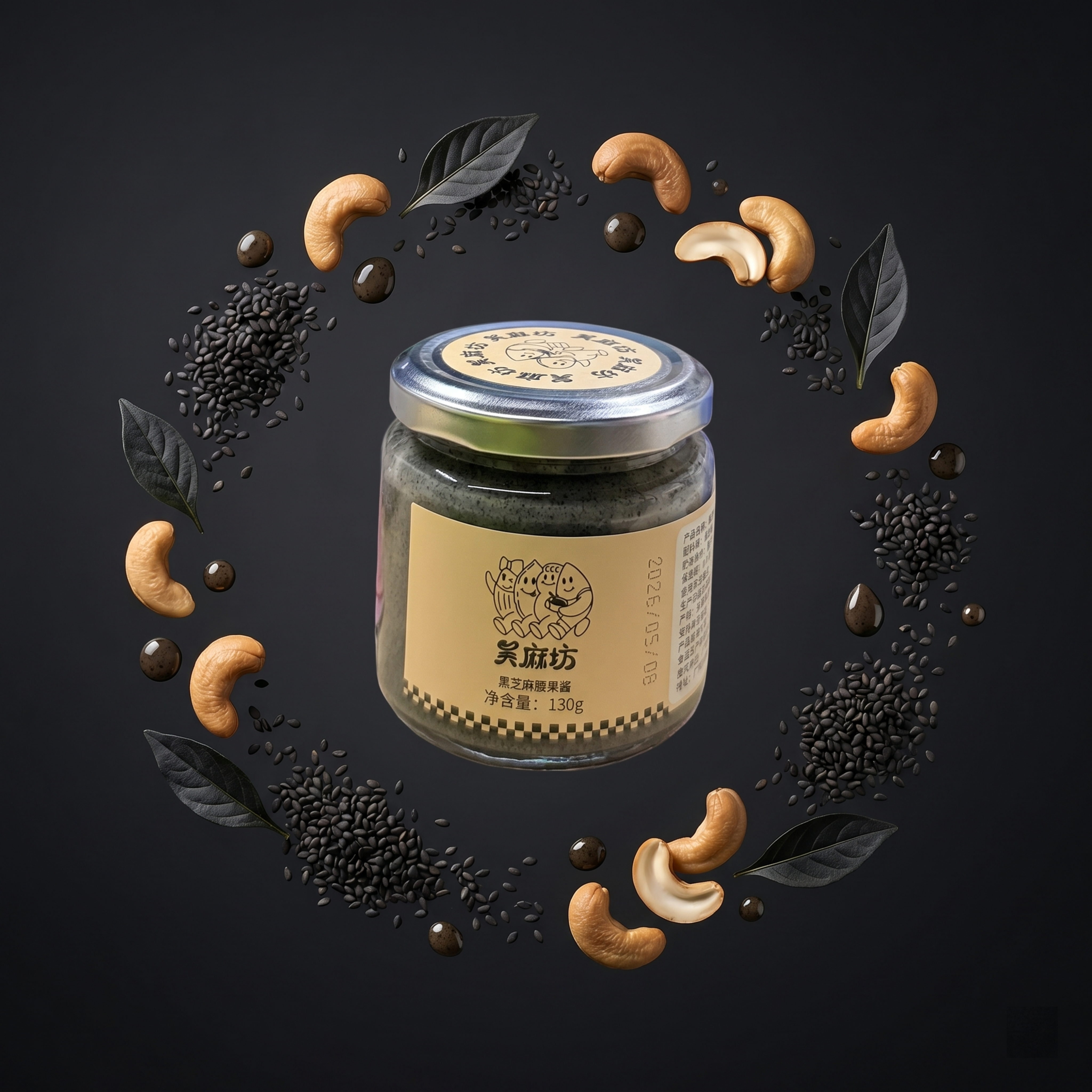 高级食品概念创意摄影，正方形构图。 主体：黑芝麻腰果酱玻璃罐子… - 图片创意预览
