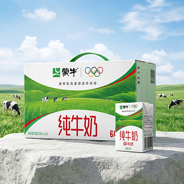 高清电商产品摄影。
主体：蒙牛纯牛奶礼盒严格参照上传产品图，完整保留包装箱、包装盒轮廓、结构、比例、材质、颜色与产品本体上的所有文字信息，与上传图完全一致；自然融入场景光影，与场景共处同一物理空间。
构图：居中平视，产品为绝对视觉焦点。
风格：清新自然健康风。
场景：绿色草原牧场场景，和牛奶天然健康定位契合。
空间：①产品放置在干净的浅灰色岩石平台上；②背景是开阔的绿色草原牧场，远处有几头奶牛，蓝天白云。
配色/材质：绿色/白色/天蓝色；草原/岩石/天空。
光影：主自然光从斜前45度照射，整体光影均匀明亮，和产品原光影方向一致，突出包装质感。
参数：4K超写实。严格锁定宽高比为 1:1。
