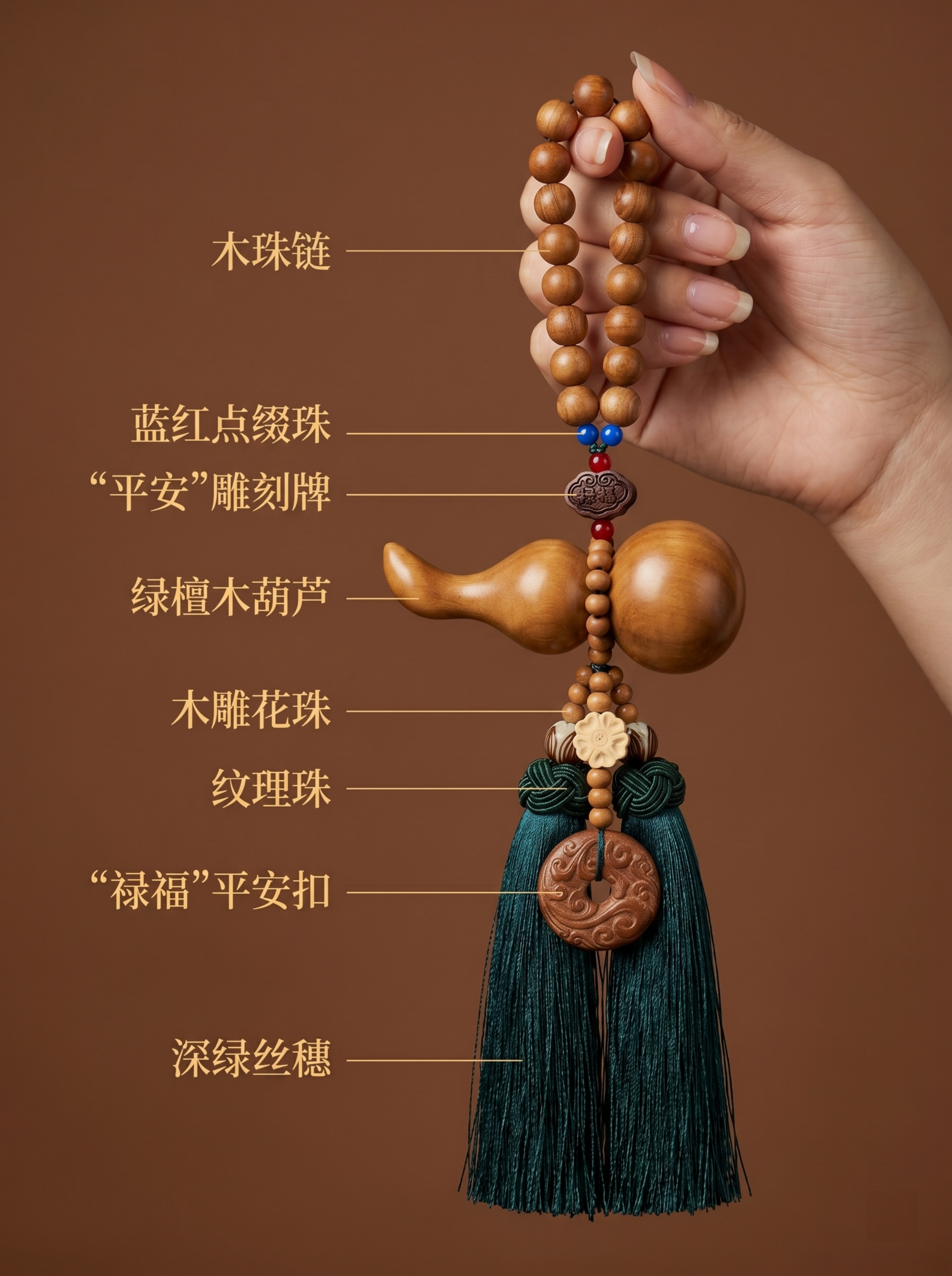 新中式高级质感绿檀木流苏葫芦挂件，严格参照上传产品图，完整保留… - 图片创意预览