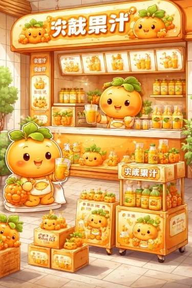 沙棘饮品IP场景延伸设计，展示IP形象在饮品店内和线下推广场景，包含店铺装饰和产品展示，统一可爱风格和橙色调预览效果