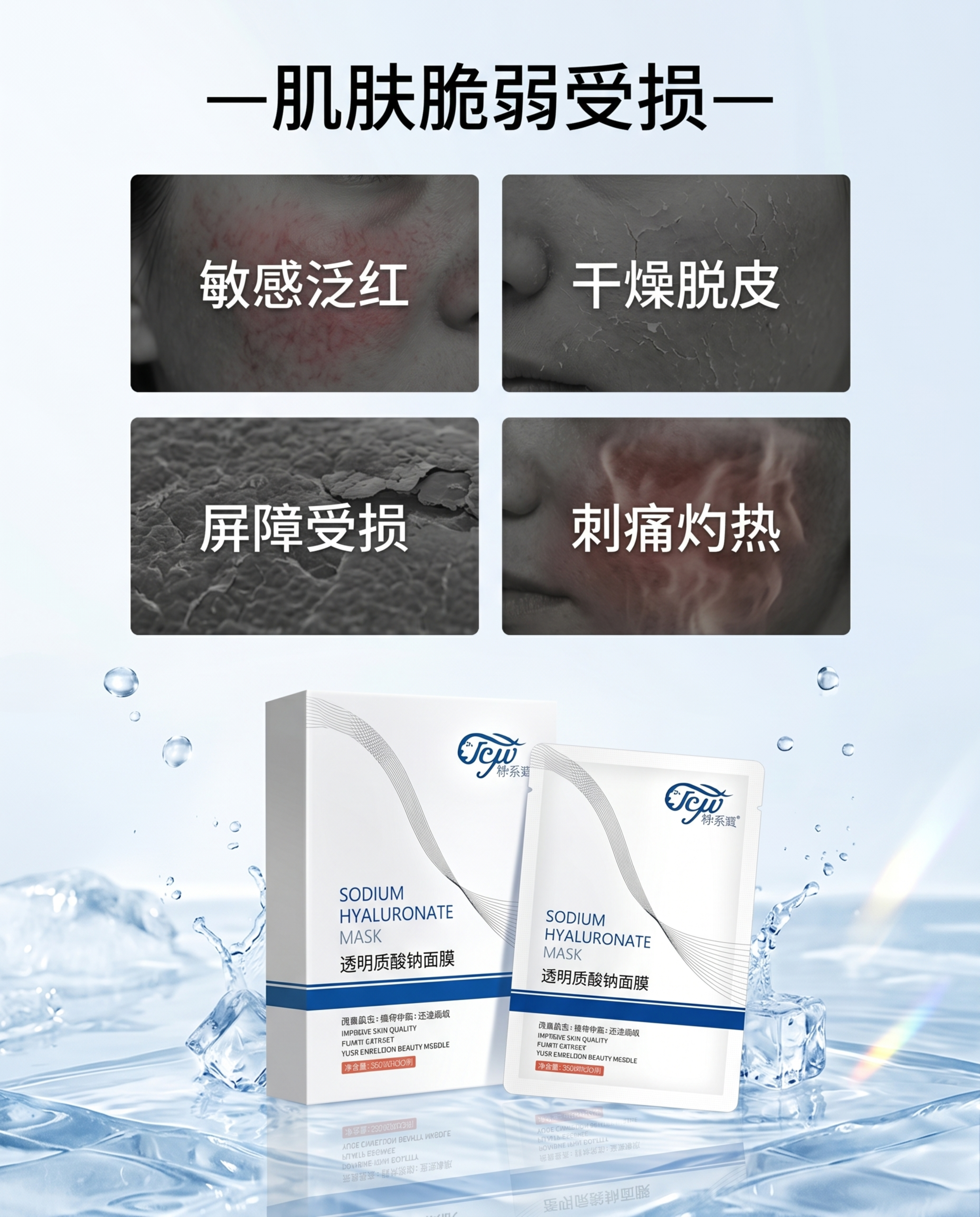 电商详情页痛点板块设计，整体水漾清透护肤氛围，标题文字"一肌肤… - 图片创意预览