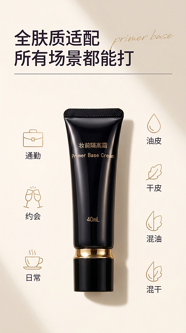 [单张主图] 妆前隔高霜，高级氛围感主图，展示产品全肤质全场景适配。
[画面主体] 妆前隔高霜黑色软管和紫色包装盒放置在画面中心位置，保持产品外观（物理结构、材质质感、颜色）与输入产品图绝对一致，杜绝任何变形和色差，精细化处理。商品主体占画面约45%，完整不裁切。
[构图版式] 中轴诗意氛围型，产品居中偏下，周围用极简金色细线条图标排列展示适配场景和肤质。
[场景元素] 背景为简约干净的浅米纯色，无多余杂物。产品上方留白放主文案，产品周围分布七个极简金色细线条图标，分别对应通勤、约会、日常三种场景和油皮、干皮、混油、混干四种肤质，图标小巧精致不遮挡产品主体。背景简约干净，整体简约高级。
[文案版式] 产品上方居中放置主文案，大字文案是"全肤质适配"，底部小字文案是"所有场景都能打"，右上角叠加英文手写装饰词primer base。字体选择轻无衬线，字重克制，主文案大，辅助文案小，字色为深紫，与浅色背景形成清晰对比，文字放置在留白区域，不遮挡产品。
[光影质感] 自然柔光从左侧斜射，在产品底部形成柔和投影，瓶身和包装盒的金属烫金字体现清晰高光反光，背景纯净通透，整体光影柔和均匀，画质清晰真实，商业摄影高级质感，画面干净通透。
[配色字体] 主色调为浅米纯色，产品黑紫色，金色图标，深紫色文字，配色简约高级。字体采用轻无衬线，字重对比清晰。
[比例分辨率] 比例9:16，分辨率4K，文字清晰可辨，画面超高清。
[负向提示词] 变形，水印，文字错乱，产品图模糊，背景杂乱，主体遮挡，错字，伪Logo，低清晰度，错误结构
