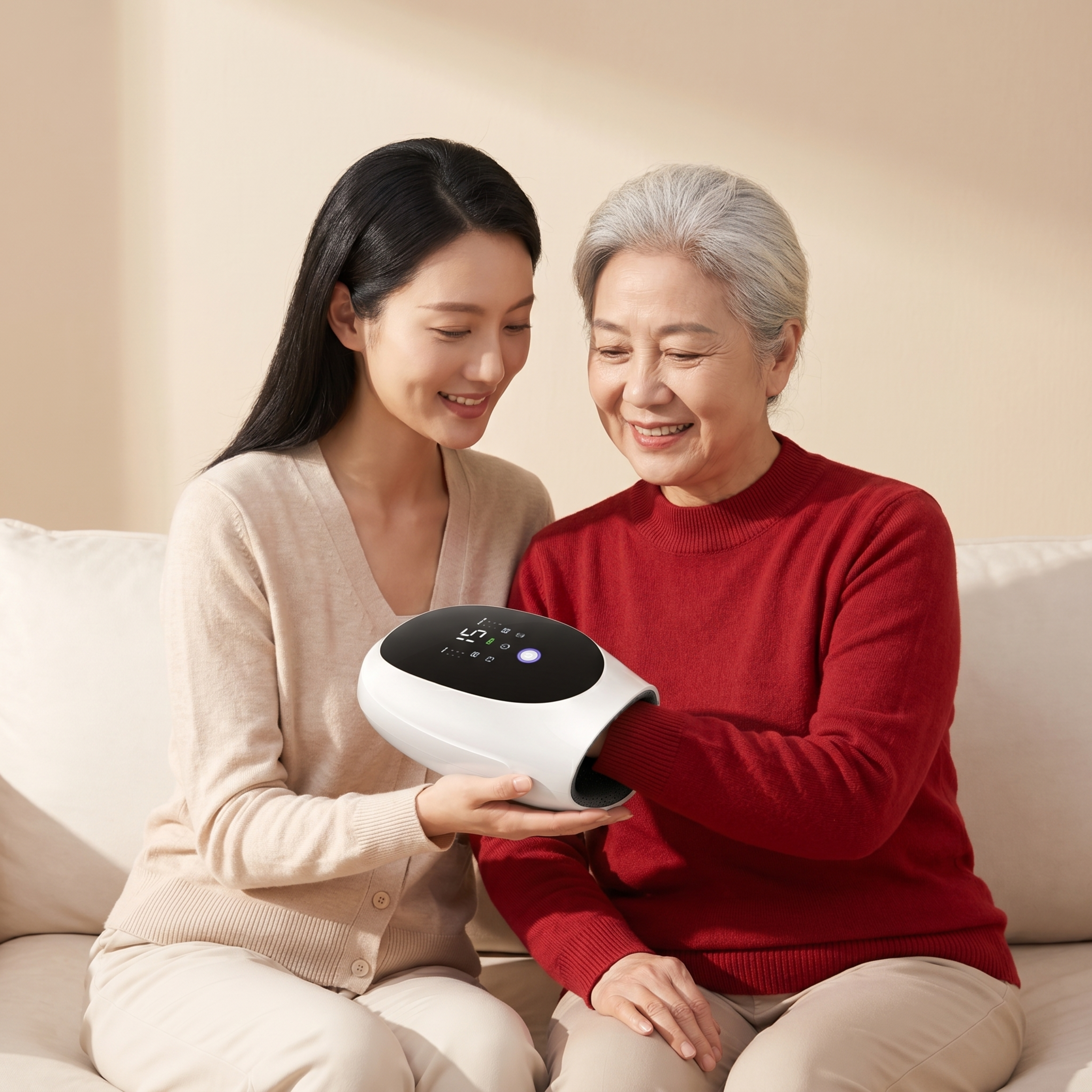 商业级写实产品摄影。 主体：手部按摩仪严格参照上传产品图，完整… - 图片创意预览