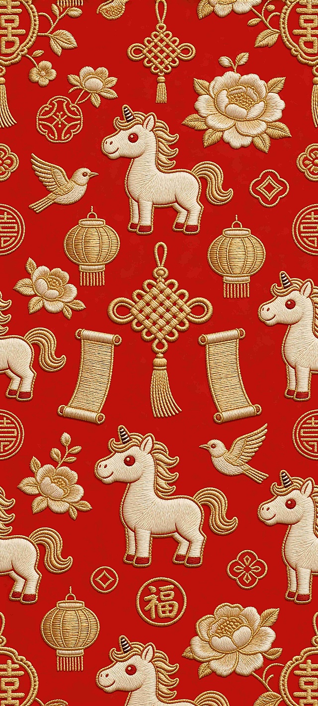 参考图1中的标志，与中国结、卷轴、灯笼、牡丹、喜鹊、福字等传统装饰元素规律性的在红色背景上乱序排列重复排布，各元素采用金色中国传统刺绣风格，正红色背景，对称式构图。丝线光泽细腻，针脚纹理清晰，4K超清奢侈品级纹样，传统吉祥元素交织呈现丰富层次感与精致细节。