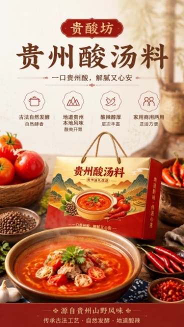 电商详情页核心卖点模块，贵酸坊贵州酸汤料，展示卖点："古法自然发酵，地道贵州本地风味，酸辣醇厚，家用商用两用"，画面清新有食欲，实景食材拍摄风格，古风黔式简约排版，自然光美食质感，高清细腻，无水印，适预览效果