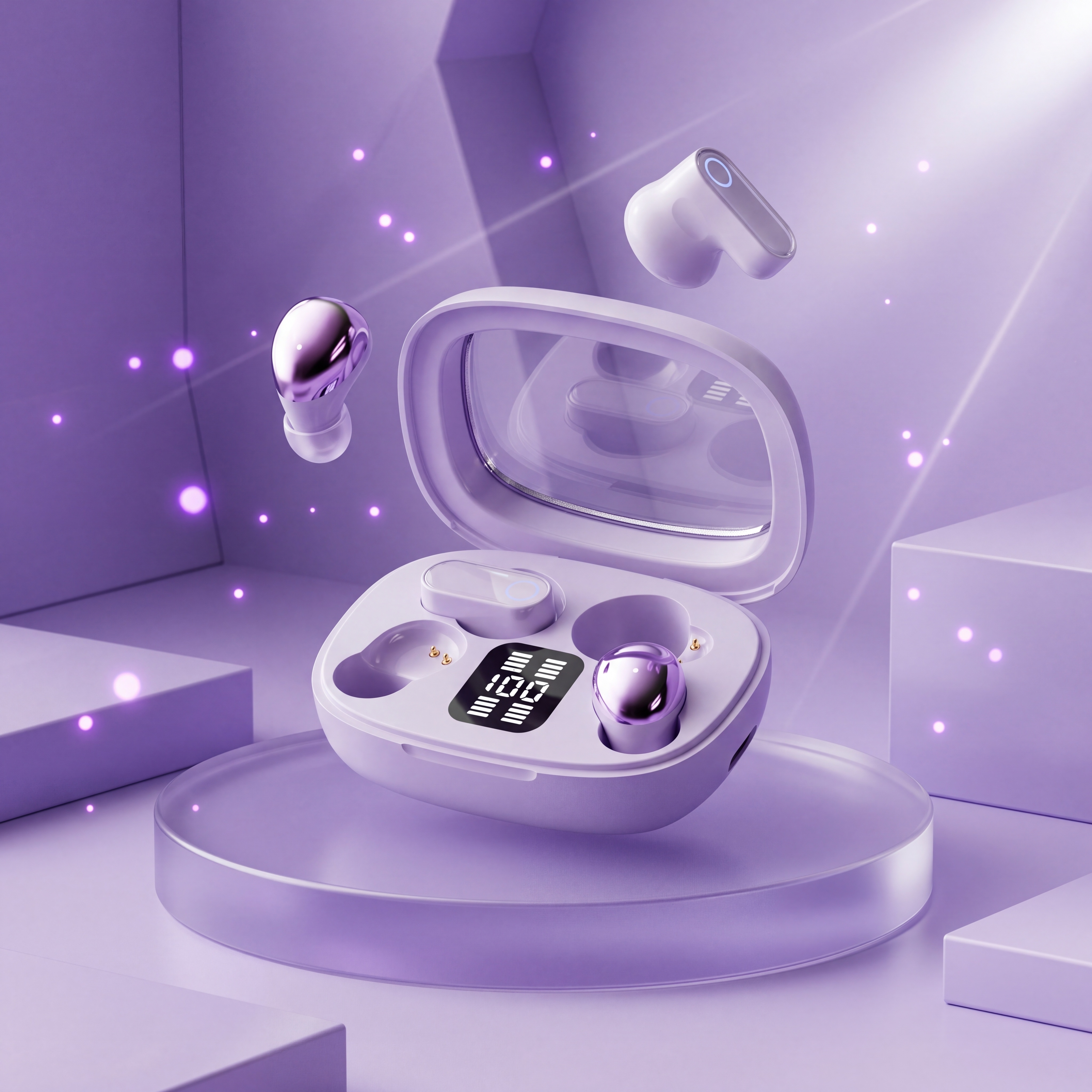 超写实数码产品电商主图摄影。 主体：将图2和图3的蓝牙耳机产品… - 图片创意预览