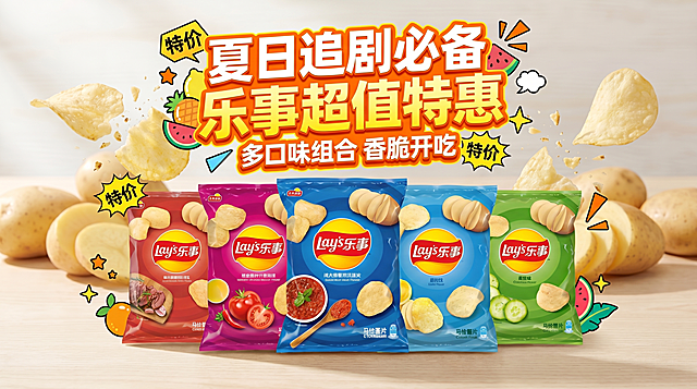 在现有乐事薯片海报基础上，添加醒目的促销活动文字，增加设计感和电商促销氛围，整体保持清新有食欲的风格，保留新鲜土豆背景和空中薯片碰撞的酥脆效果，保留所有产品包装信息不变。添加促销大标题"夏日追剧必备 乐事超值特惠"，底部小字"多口味组合 香脆开吃"，文字设计活泼醒目，符合促销海报风格，不遮挡产品主体。严格锁定宽高比为 16:9