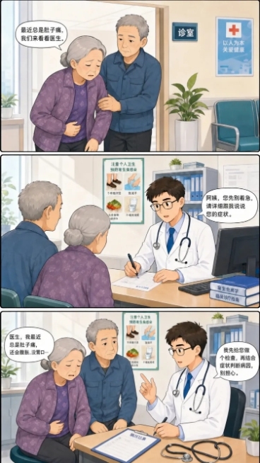 去掉图中老伯的眼镜，去掉左上角1.走进诊室、2.医生接诊、3.详细问诊与检查这些标题提示框和文字，保留原有漫画风格和其余所有内容预览效果