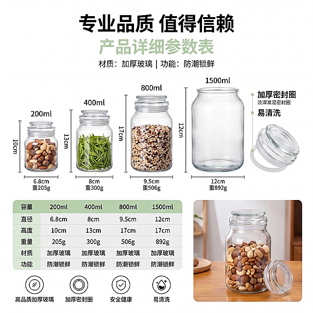1:1正方形电商详情页参数主图，8K高清写实商业摄影加平面排版，纯白色#FFFFFF极简背景，均匀正面柔光。画面顶部居中：大号加粗黑色#000000文字："专业品质 值得信赖"；下方淡绿色#72B868文字："产品详细参数表"；再下方小字标注："材质：加厚玻璃 | 功能：防潮锁鲜"。画面上半部分横向展示四款加厚透明玻璃罐，保持罐子外形排列与参考图一致，从左到右四个规格分别为：200ml、400ml、800ml、1500ml，每个罐子分别装入对应物品：200ml罐装混合坚果，标注尺寸直径6.8cm高度10cm重量205g；400ml罐装新鲜绿茶，标注尺寸直径8cm高度13cm重量300g；800ml罐装混合谷物，标注尺寸直径9.5cm高度17cm重量506g；1500ml罐装混合坚果，标注尺寸直径12cm高度21cm重量892g；四个罐子右侧单独展示空罐、拆分的玻璃瓶盖、白色密封圈，标注配件卖点。画面中间放置浅绿色表头参数表格，依次列出：容量、直径、高度、重量、材质、功能对应参数信息。画面底部左侧四个简约圆形图标，分别对应卖点文字："高品质加厚玻璃"、"加厚密封圈"、"安全健康"、"易清洗"；右下角搭配桌面玻璃罐收纳坚果的场景实拍，参考第二张参考图的密封细节质感。整体排版对称规整，文字信息清晰，细节锐利，专业电商玻璃密封罐规格参数详情图质感。[负向提示词] 变形，改变罐子排列，文字错位，参数错误，排版不对称，遮挡主体，尺寸标注错误。