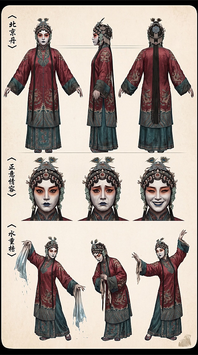 根据参考图生成：3D国漫写实CG风格，京剧花旦角色设定参考图（Character Turnaround Sheet），多视图分镜排版： 1. 全身三视图（正面/侧面/背面），2. 3种面部表情特写，3. 3种动作Pose，保留原角色的京剧服饰和妆容特征