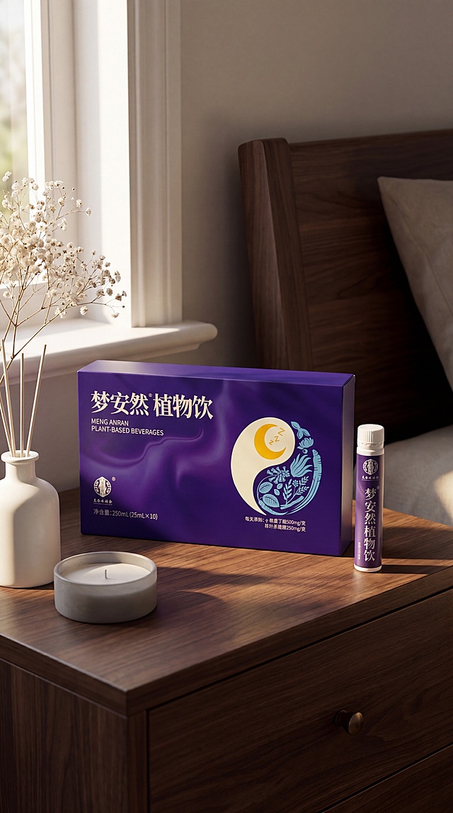 超写实商品场景摄影。
主体：梦安然植物饮保健品严格参照上传产品图，完整保留所有可见组件、轮廓、结构、比例、材质、颜色与产品本体上的文字信息（logo / 型号 / 规格 / 参数等），与上传图完全一致。产品为第一视觉焦点，完整不裁切，背景无其他同类保健品。
构图：竖版构图，45度俯拍。
风格：简约高级氛围。
场景：温馨静谧卧室床头柜场景，适合睡眠保健产品展示。
陈列：①深色原木床头柜台面，放置产品套装组合；②产品旁放一只白色陶瓷香薰瓶，浅灰色香薰蜡烛；③角落点缀一支白色满天星干花。
配色 / 材质：深紫色产品 / 深原木色 / 米白色 / 浅灰色；原木 / 陶瓷 / 干花。
光影：主光从左侧窗户斜入45°午后暖调窗光，照亮产品正面；辅光为柔和环境反射，瓶身呈现细腻哑光反光，整体氛围安静治愈。
严格锁定宽高比为 9:16。
饮料保健品严格遵守物理规则，平稳放置在台面上，完整保留产品所有文字信息，包装无扭曲变形。