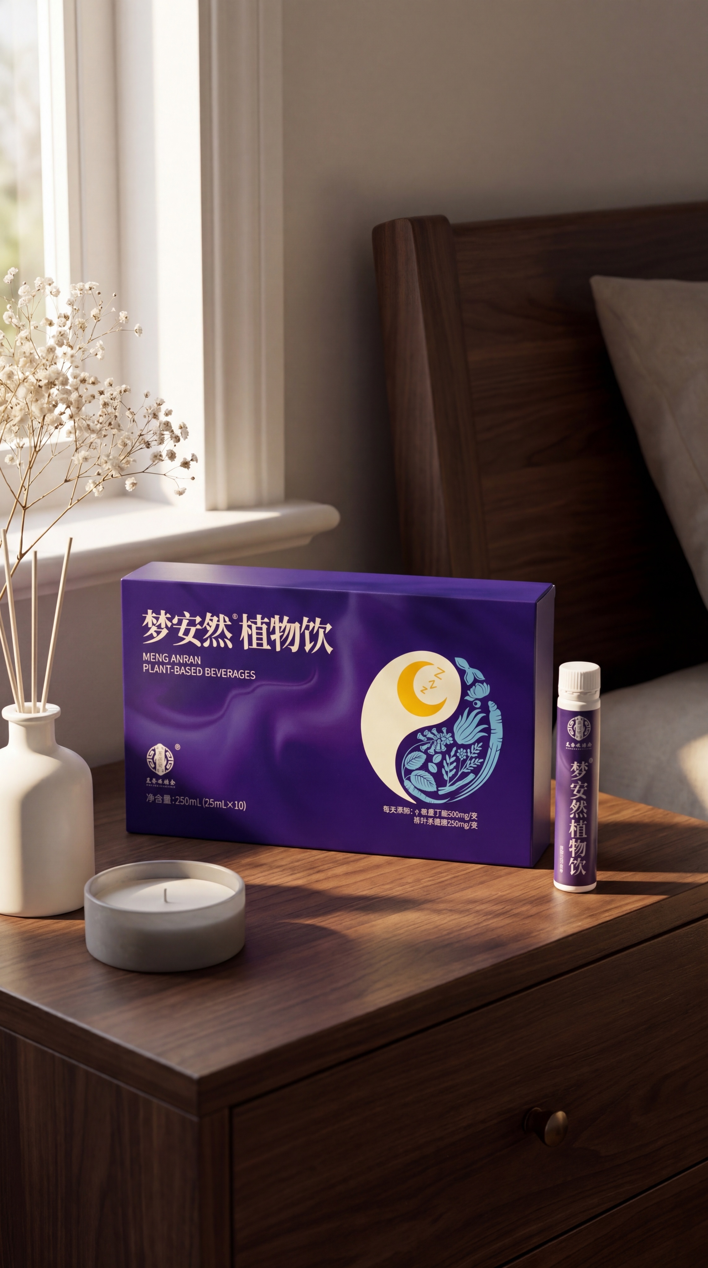 超写实商品场景摄影。 主体：梦安然植物饮保健品严格参照上传产品… - 图片创意预览