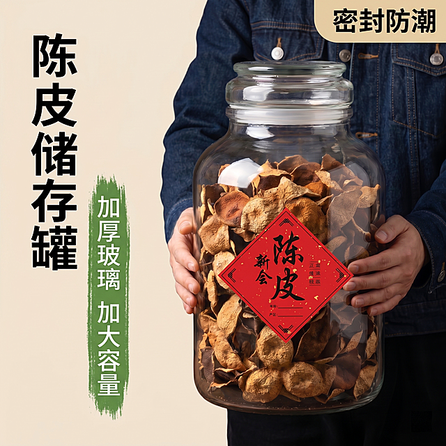 1:1正方形电商详情页主图，4K超高清写实商业摄影，柔和暖调室内柔光，浅米色简约背景#F2E8D6。画面中间，人物穿着深色牛仔上衣，双手环抱超大容量圆肚加厚透明玻璃密封罐，保持罐子外形材质与参考图一致，罐内装满干陈皮，陈皮颜色质感参考第二张参考图，罐身粘贴参考图中的红色国风标签。画面左侧竖排大号黑色粗体文字："陈皮储存罐"，文字下方绿色笔刷底纹上竖排文字："加厚玻璃 加大容量"，画面右上角放置米色圆角标签，标签内黑色文字："密封防潮"。整体呈现高级简约国风质感，玻璃通透带有自然高光，光影柔和，细节锐利清晰，无多余杂物，电商陈皮储存罐主图质感。[负向提示词] 变形，改变罐子外形比例，水印，文字错乱，背景杂乱，遮挡主体，陈皮颜色不对，标签样式不对。