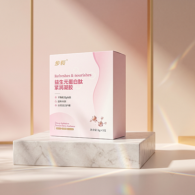 商业级产品大片摄影，呈现高级氛围感的极简美学风格，电影级质感
主体：益生元蛋白肽紧润凝胶包装盒严格参照上传产品图，完整保留所有可见组件、轮廓、结构、比例、材质、颜色与产品本体上的文字信息（logo / 型号 / 规格 / 参数等），突出步长品牌效果，包装盒富有质感，与上传图完全一致，产品为第一视觉焦点
构图：中心对称，微侧平视，产品放置于精致展台，背景无其他同类产品
风格：极简美学，高级氛围感
场景：轻奢优雅法式展台，干净简洁高级的美妆展示空间
材质：浅粉色渐变背景，哑光白色大理石展台
动态：焦散光斑，柔和自然光影
配色：浅粉 / 米白 / 暖金；哑光大理石 / 高级包装纸
光影：主光从产品斜前方45°照亮核心展示面，暖调柔和漫射光影，凸显包装盒质感
参数：4K超写实商业摄影，景深效果。严格锁定宽高比为 1:1。