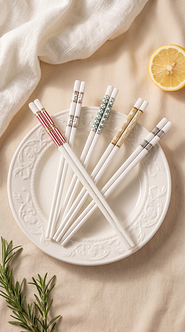 筷子，严格参照上传产品图https://gdesign-dam-hz.dancf.com/36596326867130513/07f33bc7c1a547acbd3611a2d980acc1.jpg，完整保留所有可见组件、部件、轮廓形状、结构、比例、材质质感、颜色与上传图完全一致，自然融入场景光影，与场景共处同一物理空间。
桌面摆拍，奶油风ins餐具摄影
整体暖调治愈系暖色调，浅米色柔光背景
参考图构图：筷子放置于餐盘中央，摆放成扇形交叉造型，还原参考图产品位置和动态
柔和自然光，顶侧前方暖光，产品受光面泛起浅米色暖光，暗部映射浅米色光晕，与环境物理融合
全量换款清单：
①承载餐盘：参考图浅白圆盘 → 生成白色浮雕圆形餐盘，同陶瓷材质换浮雕造型
②背景衬布：参考图整体浅米色背景布 → 生成左上角铺一块白色亚麻布，浅米色柔光背景保持材质颜色
③装饰水果：参考图右上角半片柠檬 → 生成右上角保留半片黄柠檬切片
④装饰香草：参考图左侧白色小碗内迷迭香 → 生成左下角摆放新鲜迷迭香点缀
消除参考图中所有卡通插画和文字，保留产品本身所有装饰纹样，产品质感突出，无多余瑕疵，8K超写实摄影，商业级细节，柔和光影，胶片颗粒感，整体风格清新治愈，ins风餐具详情页，浅景深，柔和阴影，干净高级。
严格锁定宽高比为 9:16