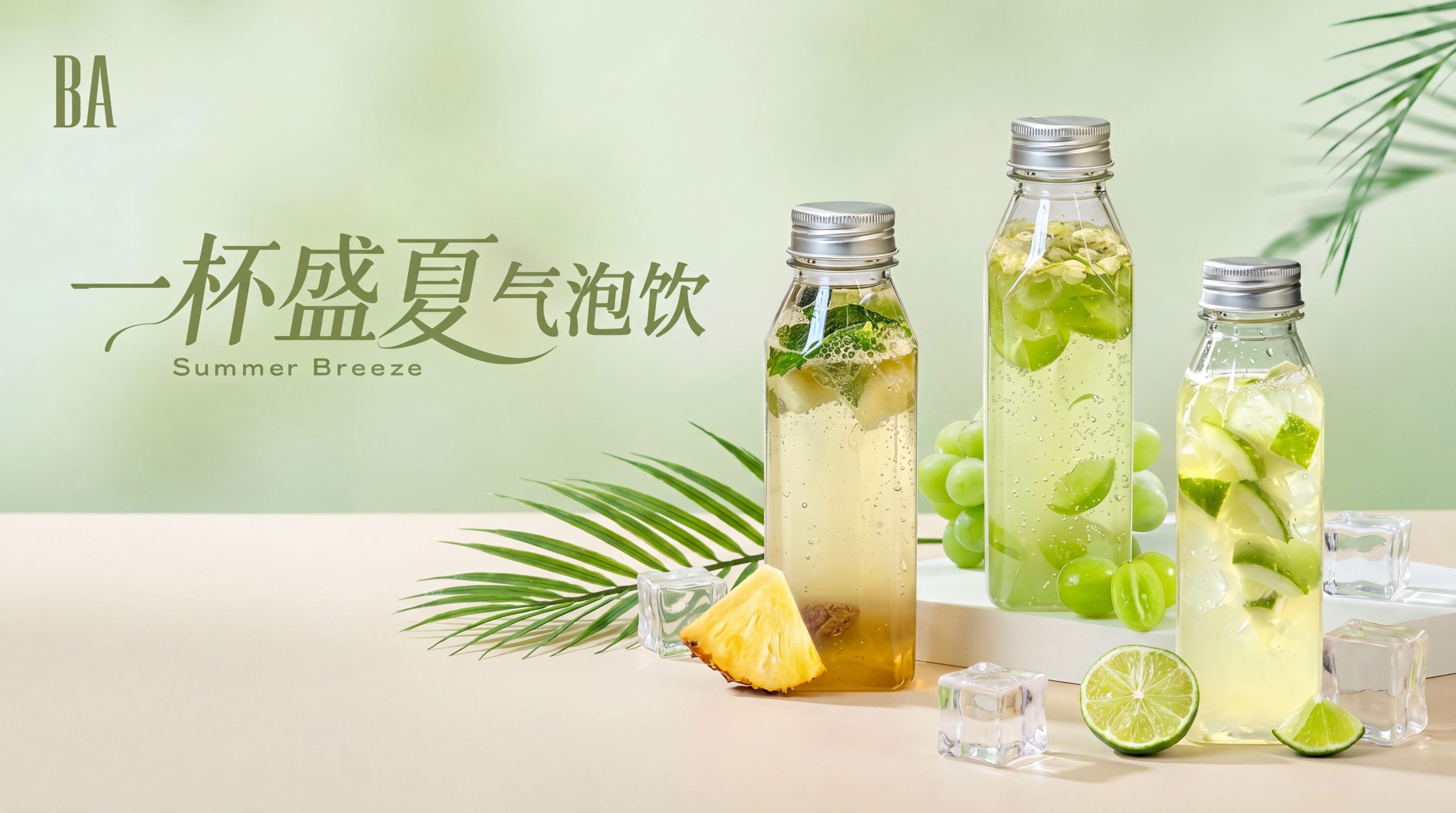瓶装气泡饮，严格参照上传产品图（图2），完整保留所有可见组件、… - 图片创意预览
