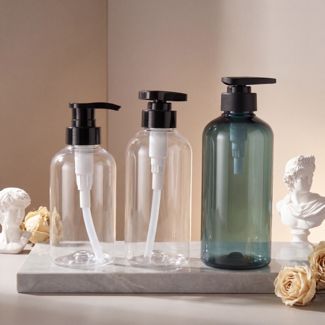 超写实商品场景摄影。
主体：300ml、400ml、500ml三个洗发水沐浴乳液瓶严格参照上传产品图，完整保留所有可见组件、轮廓、结构、比例、材质、颜色与产品规格信息，与上传图完全一致；清除产品本体外预览效果