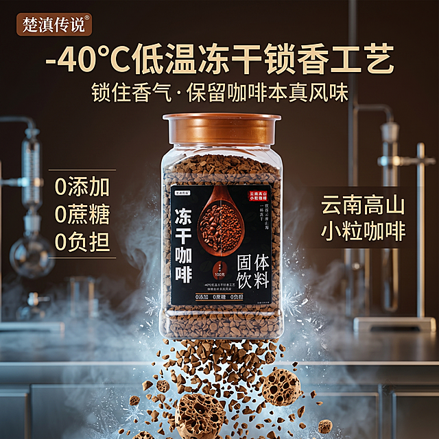 [单张主图] 冻干咖啡 高级氛围感科技主图，突出-40℃低温冻干锁香工艺。
[画面主体] 保持透明冻干咖啡罐产品外观，包括包装设计、颜色、LOGO位置、文字内容、图案元素等所有细节，与输入产品图绝对一致，杜绝任何变形和色差，精细化处理。产品尺寸比例真实，罐子高度约12–15cm，宽度约6–8cm，厚度约6–8cm，罐体透明可以看到内部冻干咖啡，整体产品居中悬浮展示，大量冻干颗粒从瓶中向外扩散，微距放大展示冻干颗粒的孔隙结构，搭配轻冰晶特效可视化-40℃低温冻干锁鲜效果。左上角安全区提取保留"楚滇传说"品牌Logo，字形颜色比例与原图保持一致，不遮挡主体。商品主体占比严格控制在60%-70%之间，画面满屏无边框。
[构图版式] 中轴诗意氛围型，产品居中略偏下，顶部放置主标题，左右分栏模块化排版卖点信息。
[场景元素] 背景为深咖色高端实验室氛围，带有轻微冷雾效果，冷暖光影交织，整体高级统一且科技感强。
[文案版式] 顶部居中放置主标题"-40℃低温冻干锁香工艺"，主标题下方放置副标题"锁住香气 · 保留咖啡本真风味"，左右分栏，右侧分栏卖点为"云南高山
小粒咖啡"，左侧分栏卖点为"0添加
0蔗糖
0负担"，卖点信息采用粗细对比布局，字体与标题风格统一，深底亮字，清晰对比不遮挡主体。
[光影质感] 主冷光背景，产品暖光打亮，冷暖光影交织，清晰突出产品轮廓，实验室冷雾柔化背景，产品罐体玻璃高光通透，冻干颗粒纹理清晰，微距细节锐利，背景虚化浅景深，整体8K超高清商业摄影质感。
[配色字体] 主色调暖咖棕、铜金、深黑色，延续用户要求配色方案，字体采用高端商务无衬线，主标题最大最粗，副标题次之，卖点粗细对比，风格统一。
[比例分辨率] 1:1比例，2048*2048 8K超高清分辨率，文字清晰可辨。
[负向提示词] 变形，水印，文字错乱，产品图模糊，背景杂乱，错字，伪Logo，主体遮挡，低清晰度，错误结构