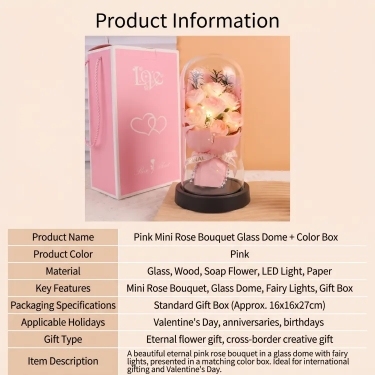 设计一个800X800尺寸的产品介绍详情页，参考第二张图的Product Information排版布局，只放入第一张图里的粉色拇指玫瑰花束玻璃罩带彩盒香皂花产品，不要包含第二张图的其他产品，将所有中预览效果
