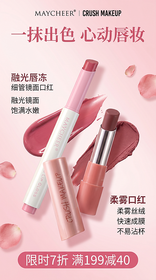 美妆宣传海报，参考image2的竖版构图风格，将图1的融光唇冻细管镜面口红和图3的柔雾口红放在一起展示，整体采用粉色浪漫风格，保留两款产品各自完整外观、颜色和文字信息，两款产品自然错落摆放，搭配简洁粉色渐变背景，主标题为"一抹出色 心动唇妆"，添加产品卖点文字，底部保留促销信息区域，整体构图协调，产品清晰突出，4K分辨率，严格锁定宽高比为9:16竖版。