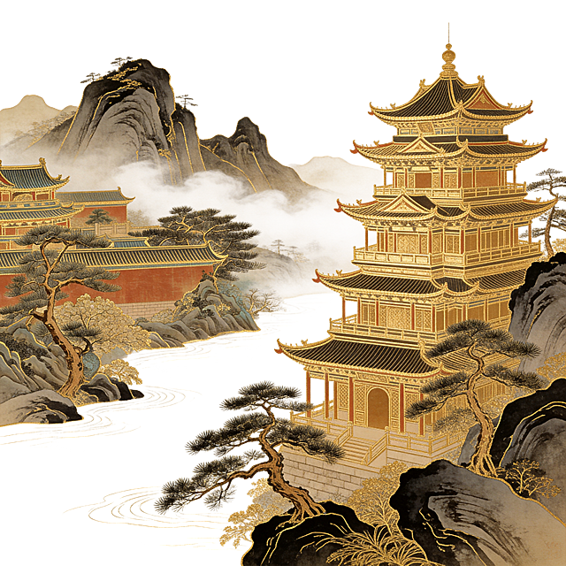 将上一步生成的图像提取为线稿，所有线条均为金色，背景透明或纯白，保留原图建筑、山石、松树等结构细节，风格为古典工笔描金线稿