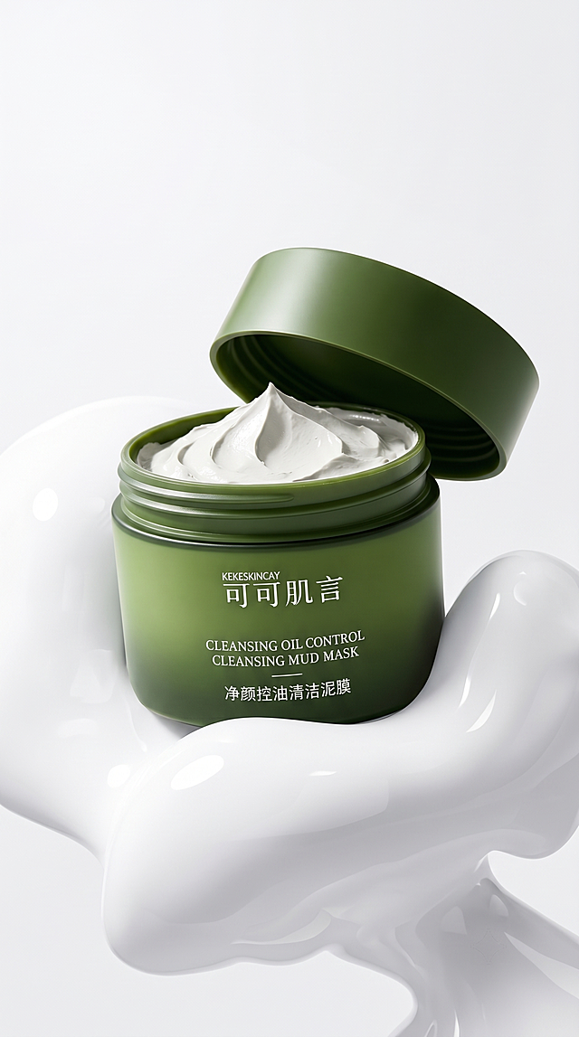 清洁泥膜，严格参照图1（上传的产品图），完整保留所有可见组件、部件、轮廓形状、结构、比例、材质质感、颜色与产品本体上的文字信息（KEKESKINCAY、可可肌言、CLEANSING OIL CONTROL、CLEANSING MUD MASK、净颜控油清洁泥膜），与图1完全一致；将产品放置到图2参考的风格场景中，膏体修改为纯白色泥膜，纯白色背景，保留原产品造型不变；
美妆电商海报场景，干净白色调，不添加蓝色；
产品放置在流淌的白色膏体承载面上，柔和漫射前光，产品受光面为纯白色自然高光，暗部映射柔和浅灰色光晕，不添加蓝色反光，与环境物理融合；
产品居中特写构图，膏体自然流淌动态感，相对参考图微侧20°视角；
消除参考图原有的所有品牌文字和营销文字（EIIO、多种肤质适用等），仅保留产品本体上的文字；
4K高清大图，严格锁定宽高比为 9:16
