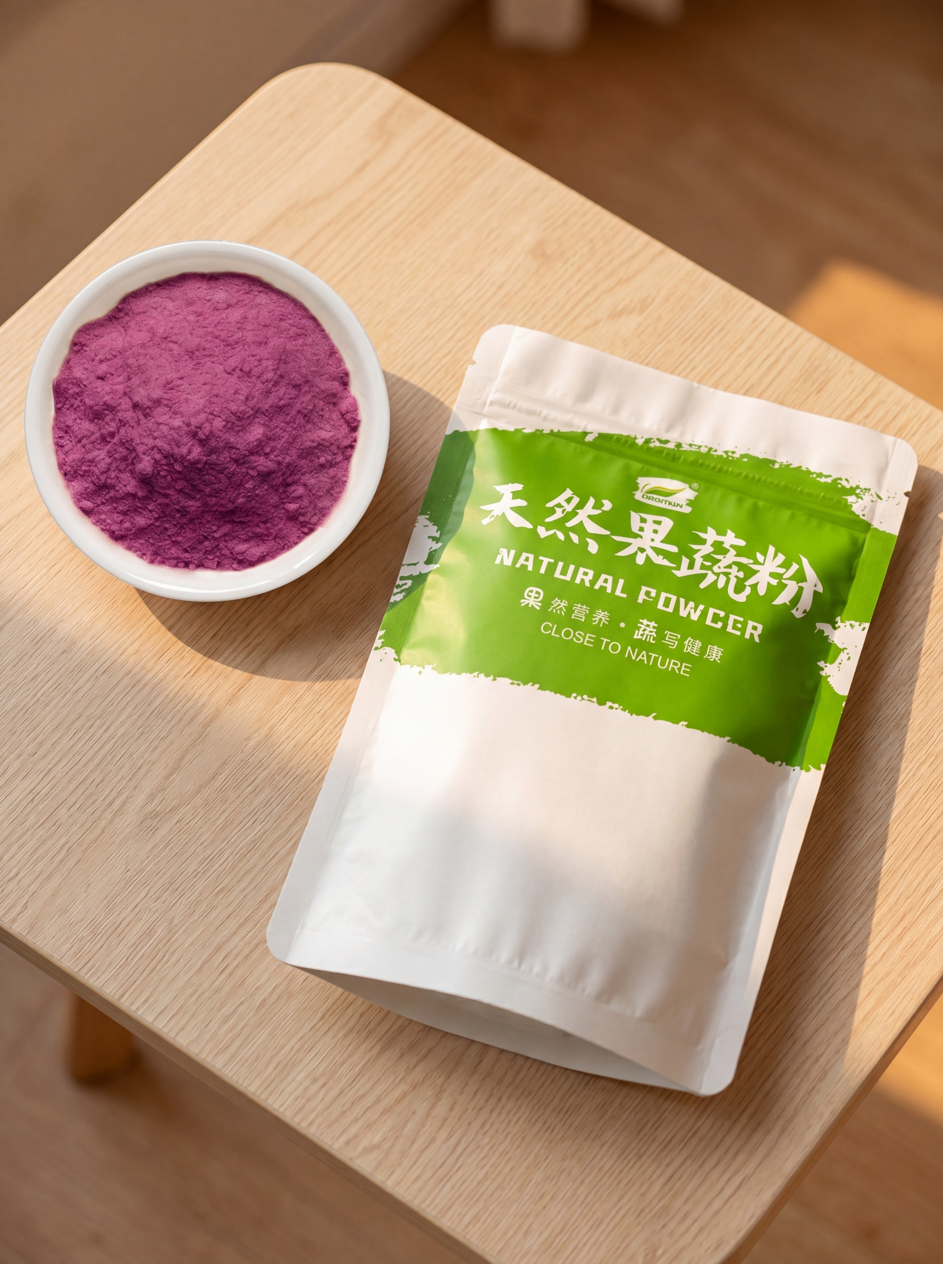 天然果蔬粉产品和紫薯粉，严格参照上传产品图，完整保留所有可见组… - 图片创意预览