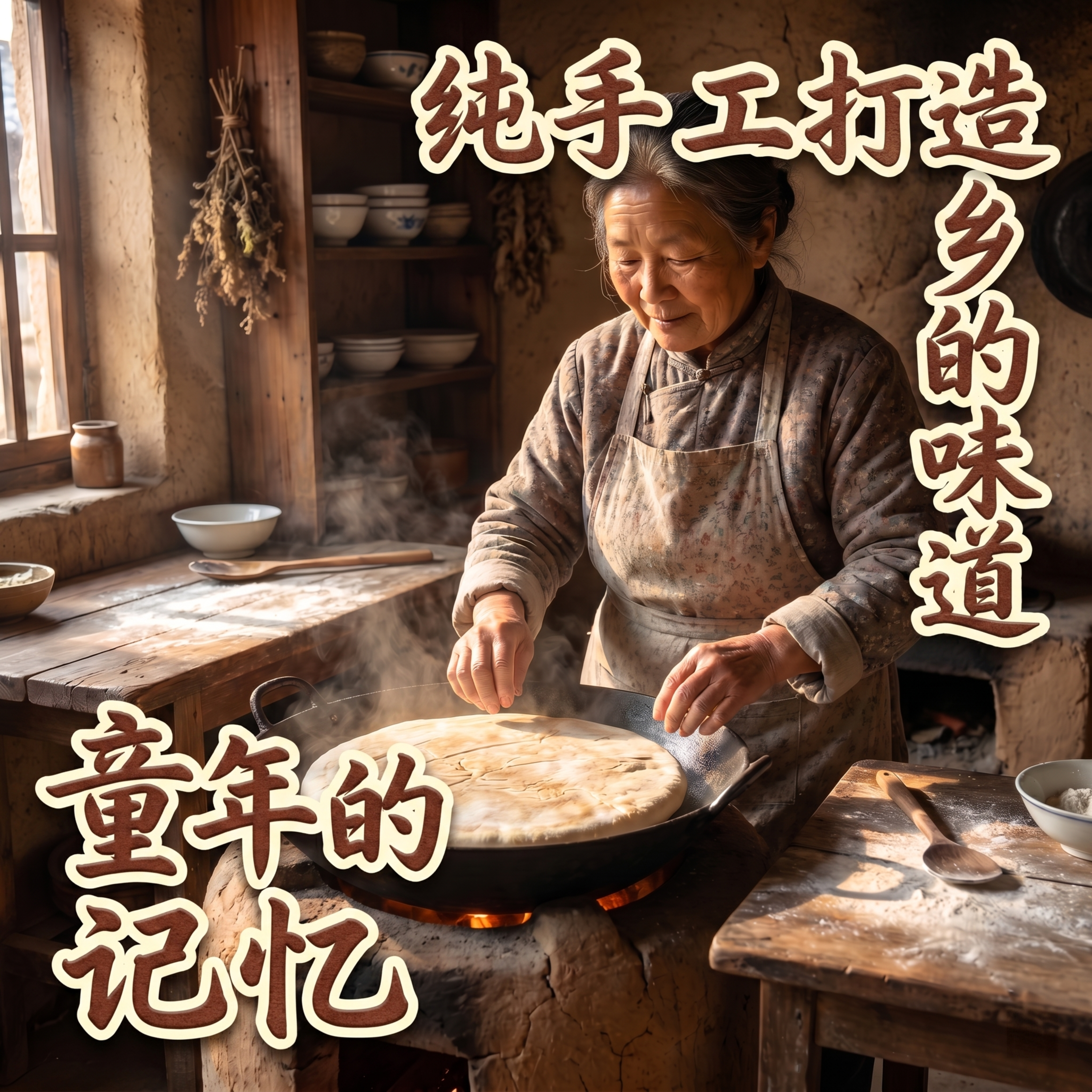 在原图基础上强化文字设计：画面为慈祥老阿姨在乡村厨房手工烙饼场… - 图片创意预览