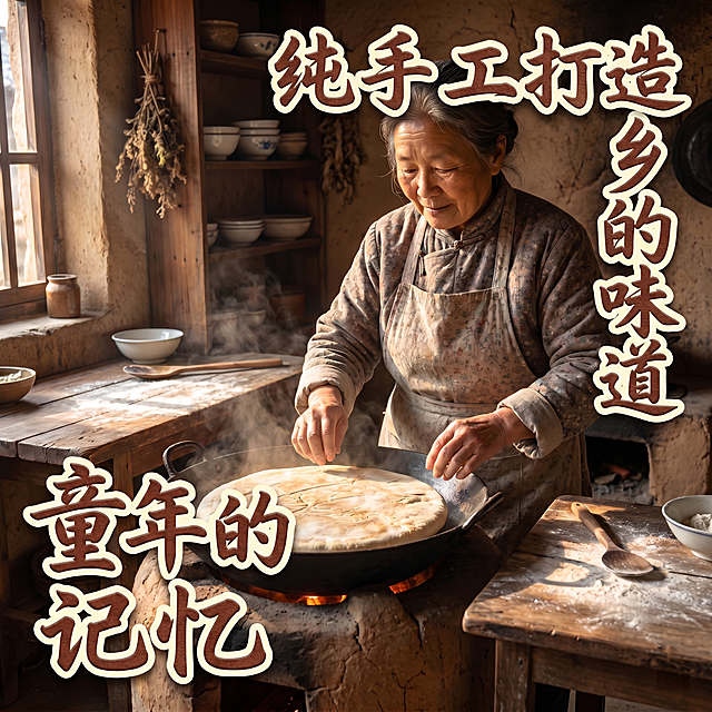 在原图基础上强化文字设计：画面为慈祥老阿姨在乡村厨房手工烙饼场景，添加醒目文案“纯手工打造”、“家乡的味道”、“童年的记忆”，要求文字采用粗体书法风格，颜色为深棕红+米白描边，置于画面右上角与左下角区域，自由排版但整体协调不遮挡主体；文字需有立体感/轻微阴影/质感纹理，突出设计感与情感共鸣，保持原有写实温暖氛围，4K分辨率