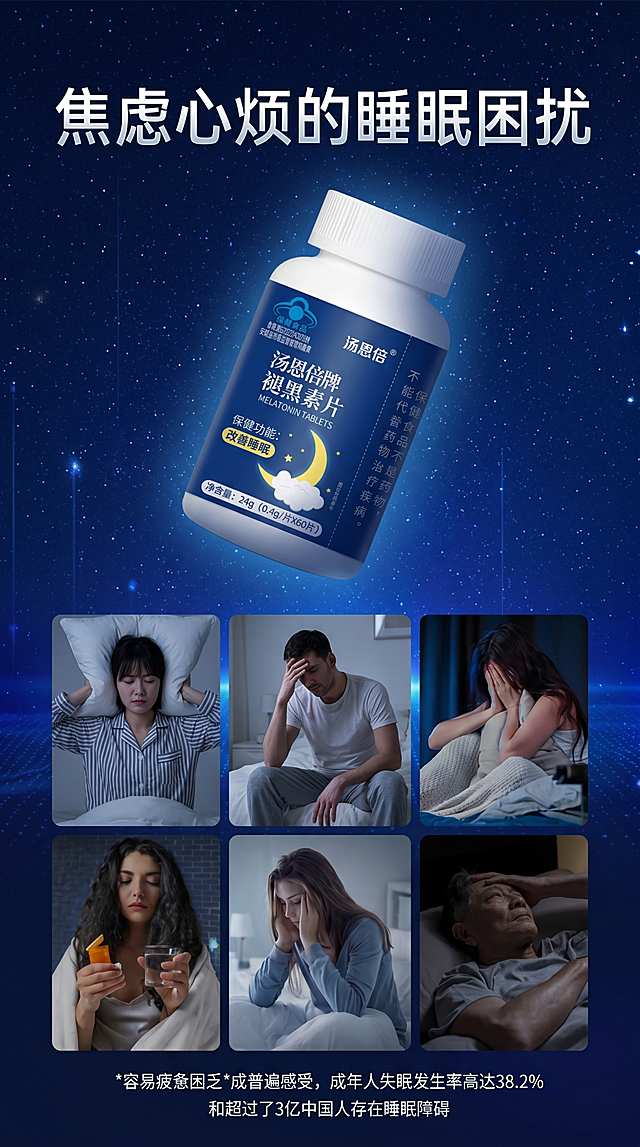 褪黑素片保健品，严格参照上传产品图https://gdesign-dam-hz.dancf.com/36599768811165728/d66fa85b7ab64d17ae3aa3fbd5285250.png，完整保留所有可见组件、部件、轮廓形状、结构、比例、材质质感、颜色与产品本体上的文字信息，与上传图完全一致。
深蓝色星空竖版电商宣传海报，和参考图https://1.jpg一致的深蓝色星空主色调。
画面核心文字为"焦虑心烦的睡眠困扰"，产品放置在文案下方居中位置，整体是商品宣传推广的场景。
暗环境星空漫射主光，产品受光面泛起深蓝色光晕，暗部映射浅蓝阴影色，与环境物理融合。
产品居中构图，保持参考图的竖版构图，微侧视角偏转20度。
全量换款清单：①背景：参考图星空背景保留星空大类，换不同星点分布和渐变纹理；②图片模块：参考图六张睡眠困扰人像，替换成不同款式的失眠场景人像，保留相同布局和排列方式，人物性别/姿态保持，换服装和发型，同品类换款；③底部文字：保留参考图底部文字内容，换字体排版细节。
消除参考图原有品牌文字。
4K分辨率，严格锁定宽高比为9:16。
