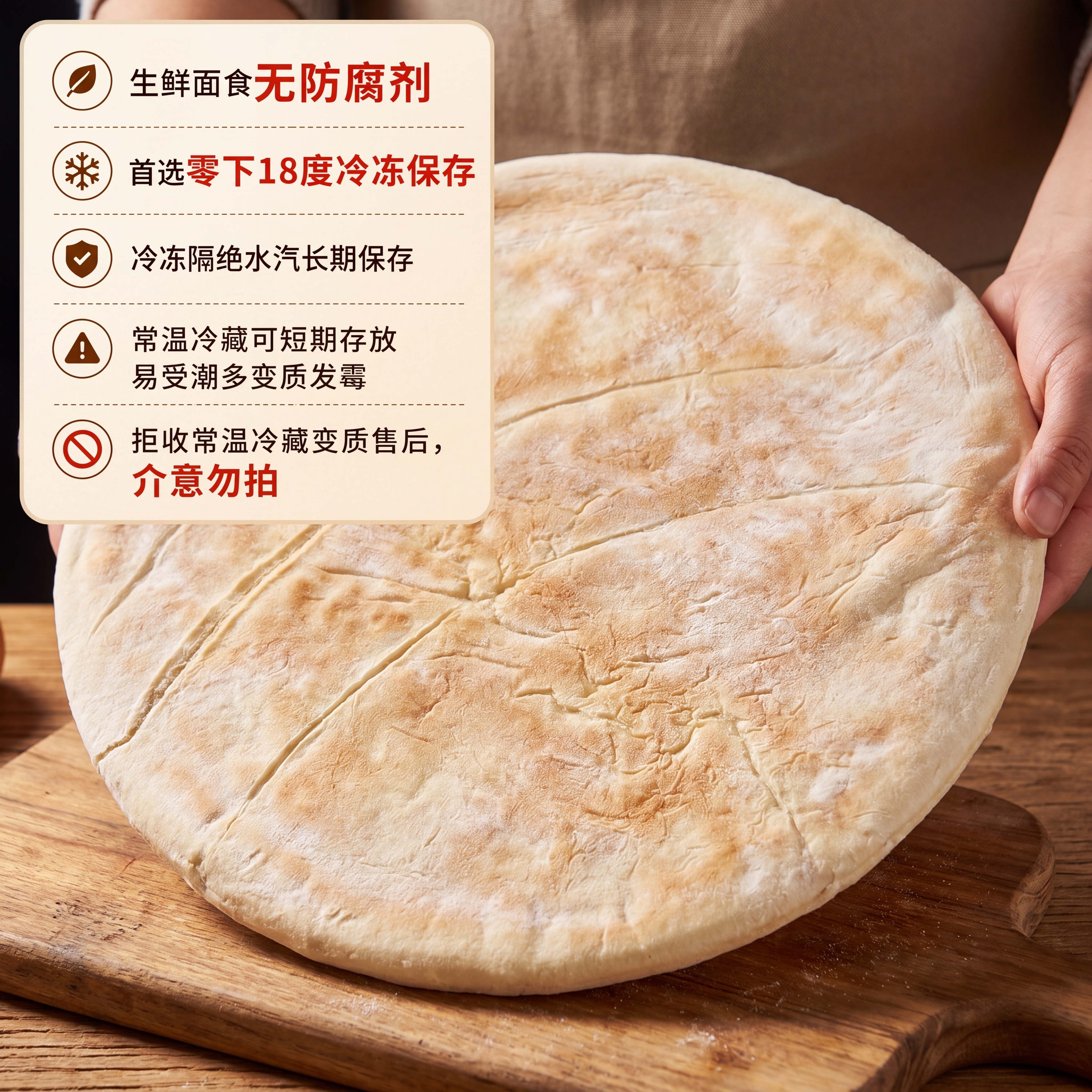 替换背景，保留大饼、文字信息和双手，为这款大饼更换为干净的原木… - 图片创意预览