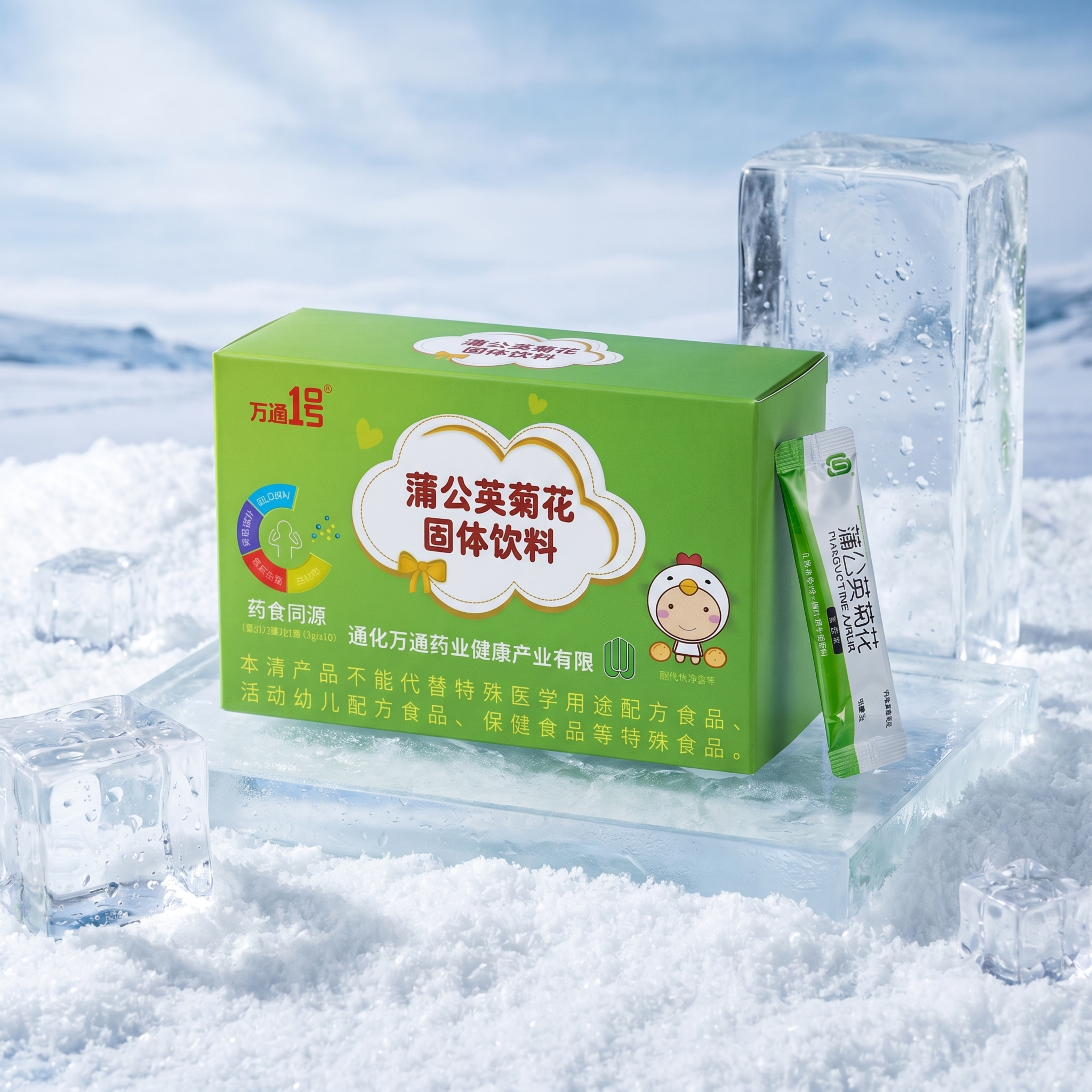 超写实商品场景摄影。 主体：蒲公英菊花固体饮料包装盒和独立包装… - 图片创意预览