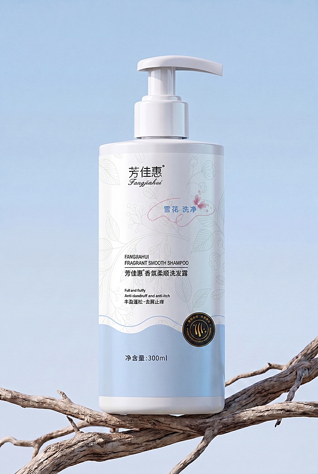 洗发露瓶子严格参照图4（带玫瑰图案、500ml、枝丫与蓝天背景），将图13的瓶贴完整贴在瓶身正中间位置，完整保留图13中'芳佳惠 FANGJIAHUI'、'雪花…洗净'、'FRAGRANT SMOOTH SHAMPOO'、'芳佳惠®香氛柔顺洗发露'、'Full and fluffy'、'Anti-dandruff and anti-itch'、'丰盈蓬松·去屑止痒'、'净含量:300ml'等所有文字与设计元素。其余部分（瓶身结构、泵头、枝丫、背景天空）保持不变。自然天光照明，4K分辨率，宽高比维持原图2:3。