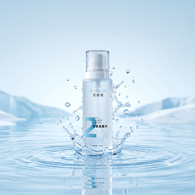 超写实商业美妆摄影。
主体：安肤能量水爽肤水严格参照上传产品图，完整保留所有可见组件、部件、轮廓、结构、比例、材质、颜色与产品本体上的文字信息（logo / 品牌名 / 规格等），与上传图完全一致。产品为唯一视觉焦点，背景无其他同类美妆产品，保持瓶身通透高光，不扭曲不浑浊。
构图：中心构图，正面平视，产品完整居中展示。
风格：水漾清透商业摄影。
场景：清澈的浅蓝色水面，极简冰川风格背景。
承载：爽肤水放置于水波涟漪之上，溅起透亮水花。
动态生机：瓶身周围溅起晶莹水花，布满透亮水珠，水波折射光线。
配色 / 材质：浅冰蓝 / 透明白；通透玻璃 / 磨砂瓶身 / 清水。
光影：极亮无影冷调白光，水波折射出通透光斑，照亮瓶身核心展示面，凸显清透质感。
严格锁定宽高比为 1:1。