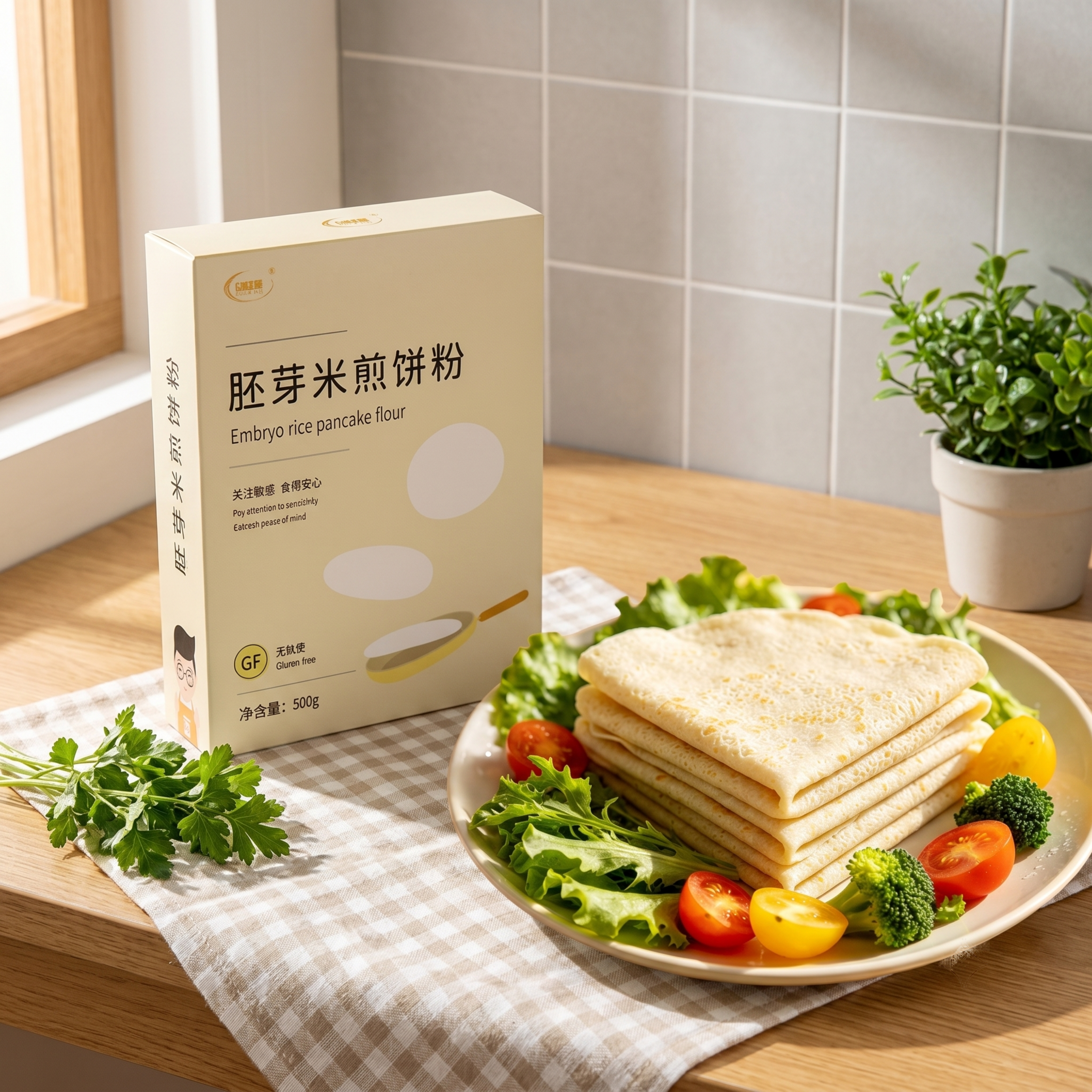 超写实美食场景摄影。 主体：胚芽米煎饼粉包装盒严格参照上传第一… - 图片创意预览