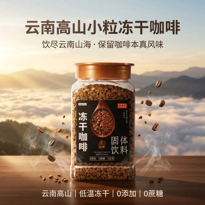 [单张主图] 云南高山小粒冻干咖啡，高级氛围感主图，打造高端新中式咖啡产品主图。保持透明方形冻干咖啡罐的外观包装设计、颜色、LOGO位置、文字内容、图案元素与输入产品图绝对一致，杜绝任何变形和色差，精预览效果