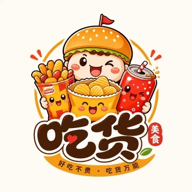 重新设计吃货主题店铺logo店标，将原设计中的面换成薯片，包子换成汽水，炸鸡换成零食，整体保持活泼食欲感强，简约现代风格，高清质感，适合店铺招牌预览效果
