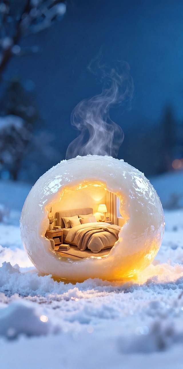 保留原图整体结构和大汤圆外形，去掉所有飘雪，保留深蓝色夜空；去掉右下角白色卡车；将汤圆内部用餐场景替换为温馨卧室场景，焦点对准软床，软床作为卧室中心主体，清晰突出，整体暖黄灯光，保持原有的微缩创意风格，光影和质感和原图保持一致，自然融合不突兀。