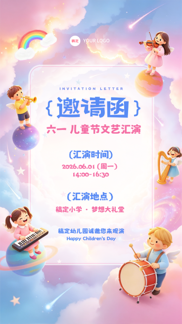 61儿童节小学节日汇演活动宣传邀请函可爱感手机竖版海报预览效果
