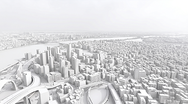 生成兰州城市鸟瞰全景场景图，整体为浅灰白色调的白模城市建筑群，保留参考图的全景鸟瞰视角、河流穿城的格局和城市骨架结构，所有建筑在同品类下更换具体造型，整体保留原有的城市疏密布局，主光方向和朦胧雾感氛围与参考图一致，产品受光面泛起浅灰白色、暗部映射浅灰光晕，与环境物理融合，相比参考图镜头偏转20度为微俯视角，全量换款所有建筑和桥梁造型，保留黄河穿城而过以及多层城市建筑群的结构，消除多余文字，4K分辨率，严格锁定宽高比为16:9。